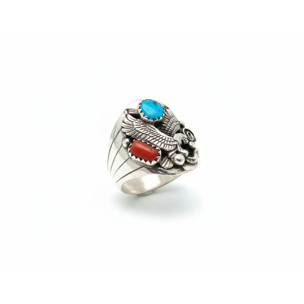 Navajo Men's Eagle Ring Sterling Silver Turquoise Signed Grace Smith Sz 11.5 ***